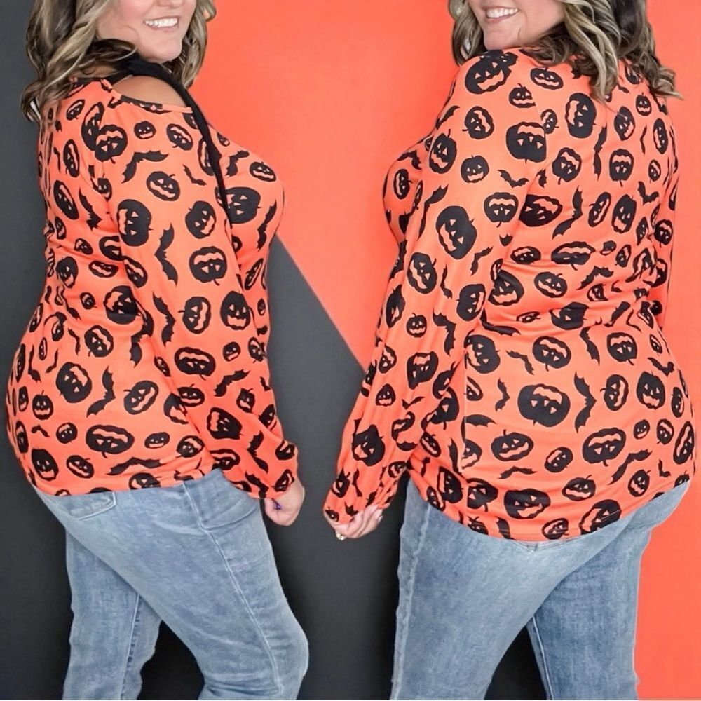 Heimish Orange Halloween Pumpkin Print One Shoulder Tie Long Sleeve T-Shirt L 🆕 - Picture 8 of 10
